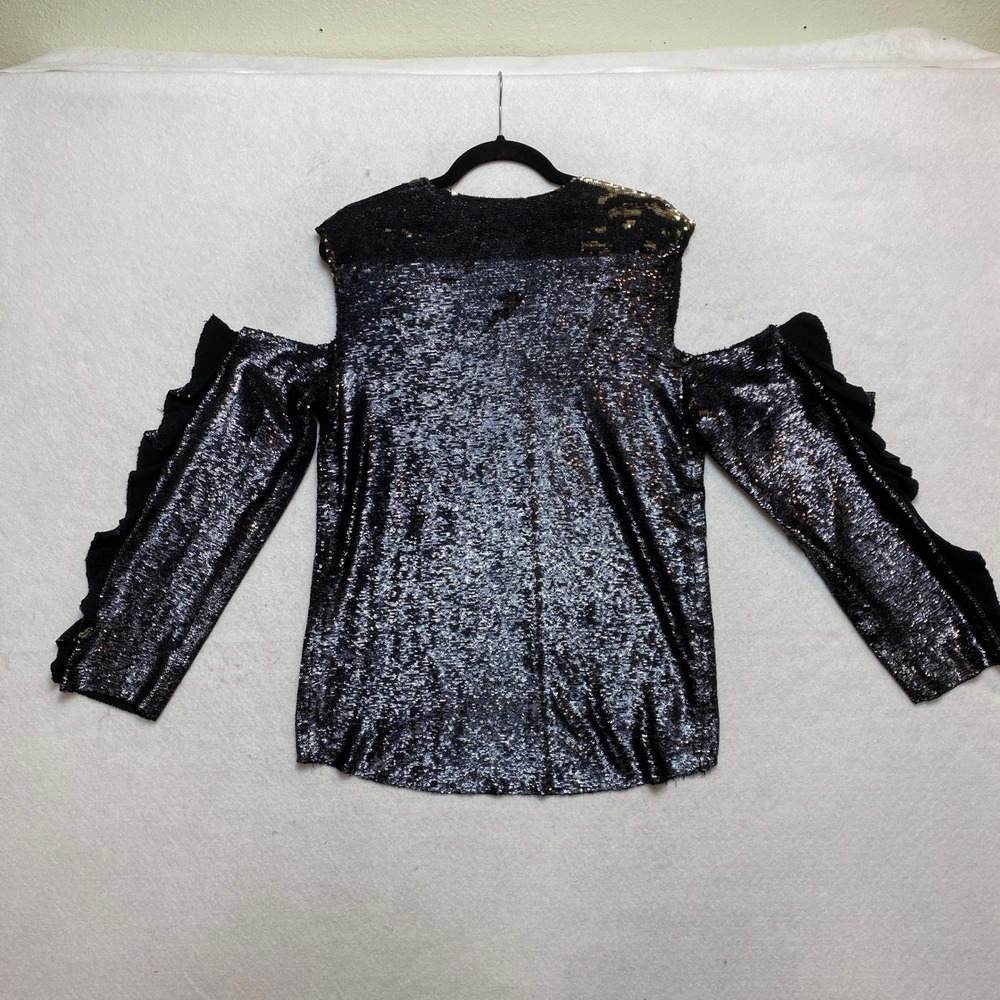 IRO Cold Shouder Top Womens Size 36 Black Sequin Ruffle Sleeve V-Neck - Picture 9 of 9